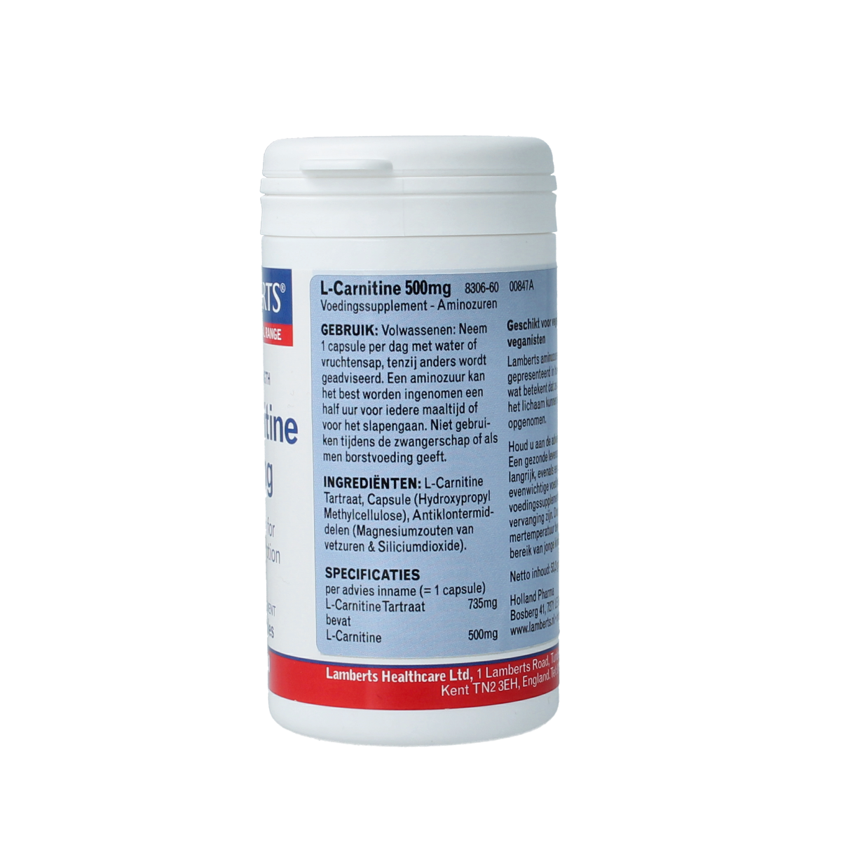 Lamberts L-Carnitine 500mg vegetarian capsules, dietary supplement for energy and metabolism support, in a white bottle.