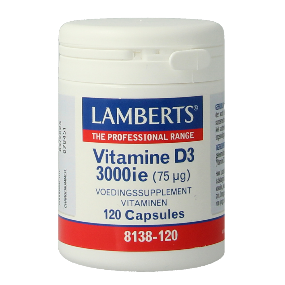 Lamberts Vitamin D3 3000IU capsules in a bottle, dietary supplement for bone health and immune support.