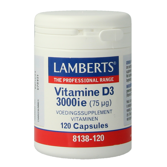 Lamberts Vitamin D3 3000IU capsules in a bottle, dietary supplement for bone health and immune support.