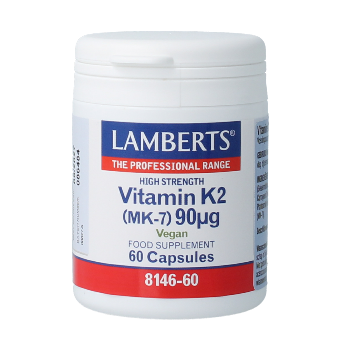 Lamberts Vitamin K2 90mcg dietary supplement capsules, close-up of 60 capsules in a bottle with label.