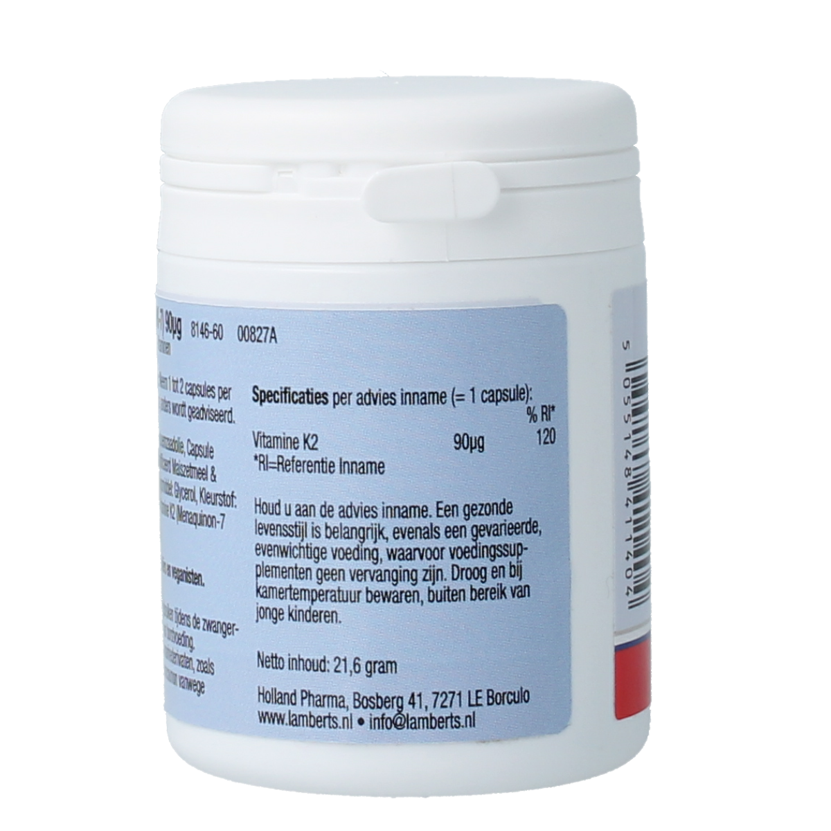 Lamberts Vitamin K2 90mcg capsules, supplement bottle with 60 capsules, featuring natural health branding and product label.