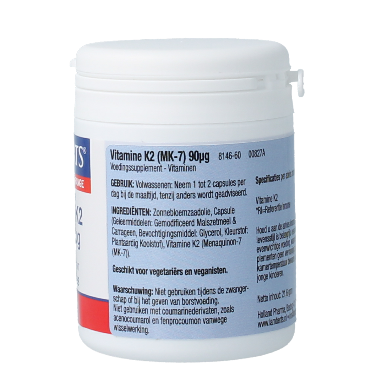 Lamberts Vitamin K2 90mcg capsules, natural supplement in a bottle with 60 capsules, designed for bone and cardiovascular health.