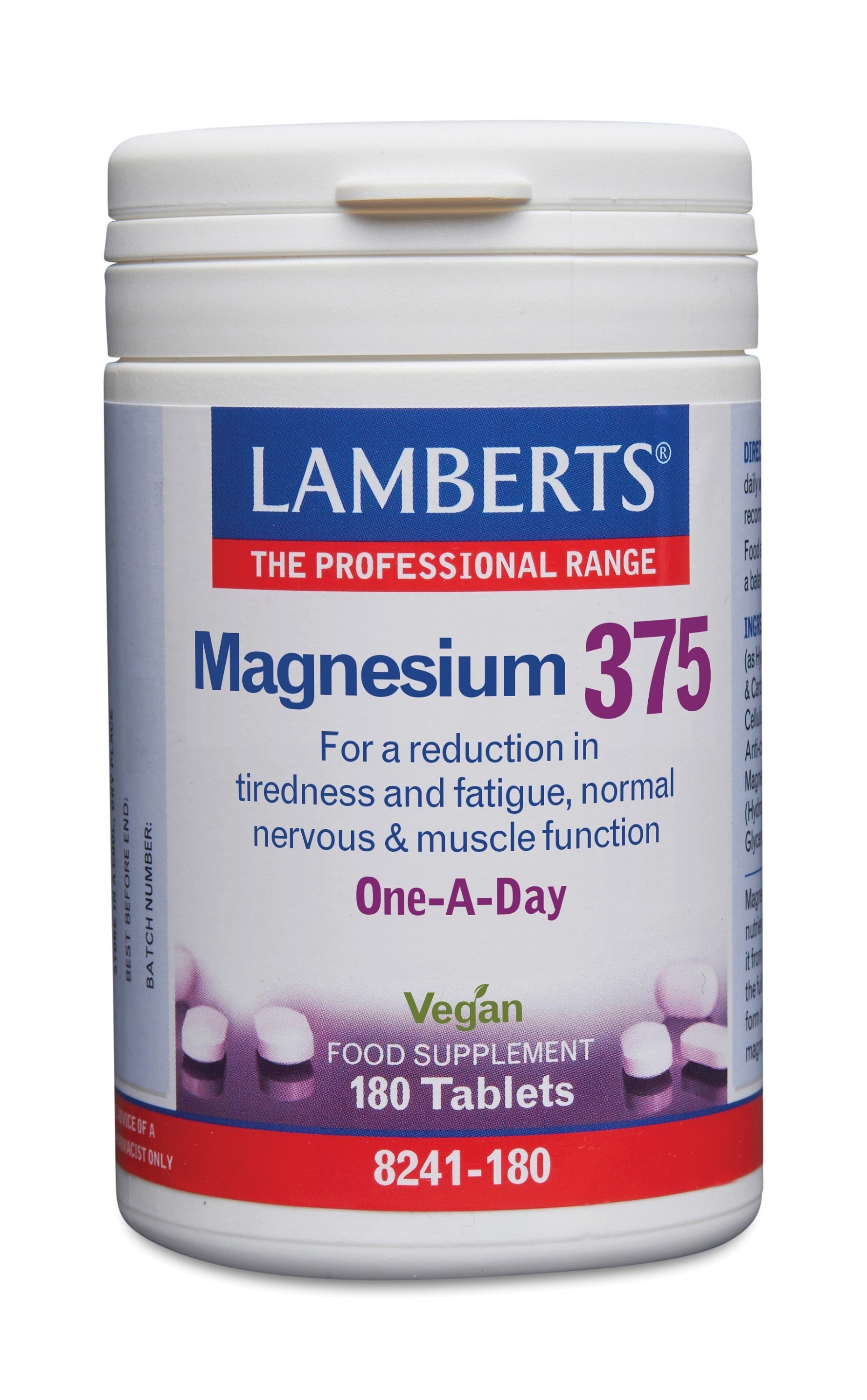 Lamberts Magnesium 375 mineral tablets, 180 count, showing the bottle and label with supplement details.