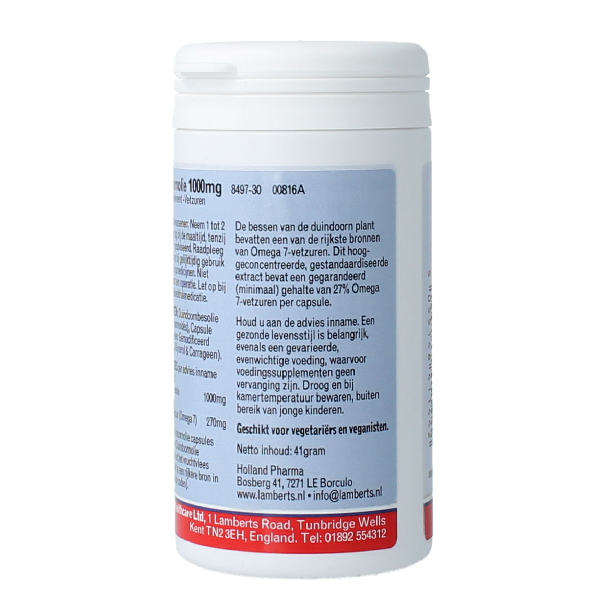 Lamberts Duindoornolie 1000mg Vetzuren capsules, 30-count, with softgel capsules containing sea buckthorn oil for skin and health.