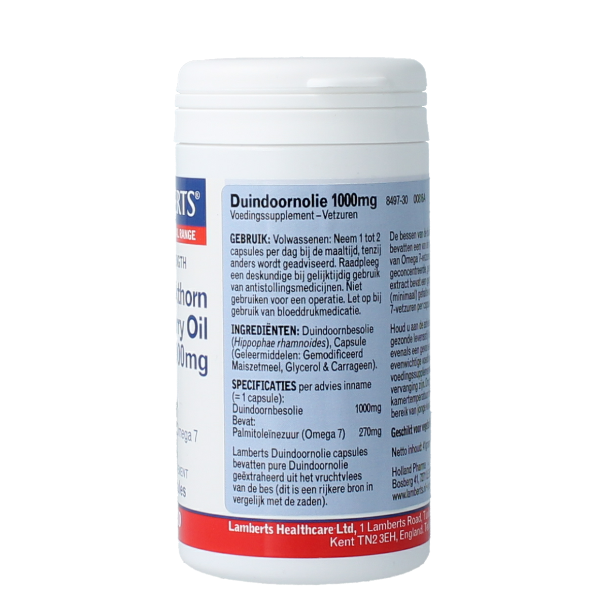 Lamberts Duindoornolie 1000mg Vetzuren capsules in a blister pack, dietary supplement with omega fatty acids.