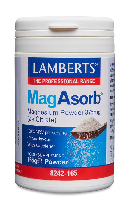 Lamberts MagAsorb magnesium citrate powder, 375mg, in a 165g container, showing the mineral supplement packaging.
