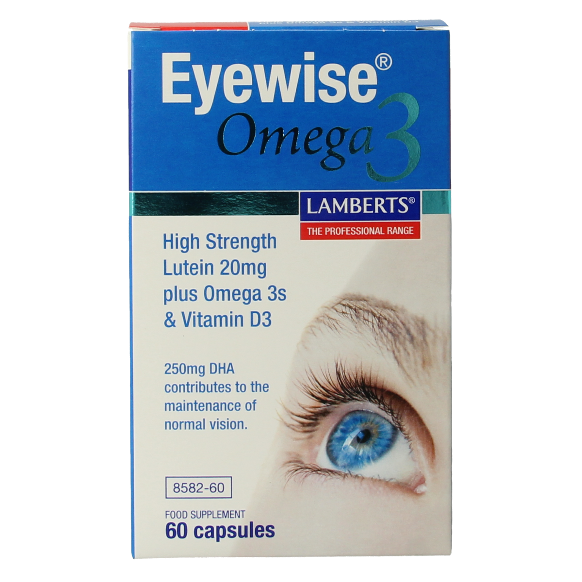 Lamberts Eyewise capsules with 20mg lutein and omega-3, in a bottle of 60 capsules, designed for eye health support.