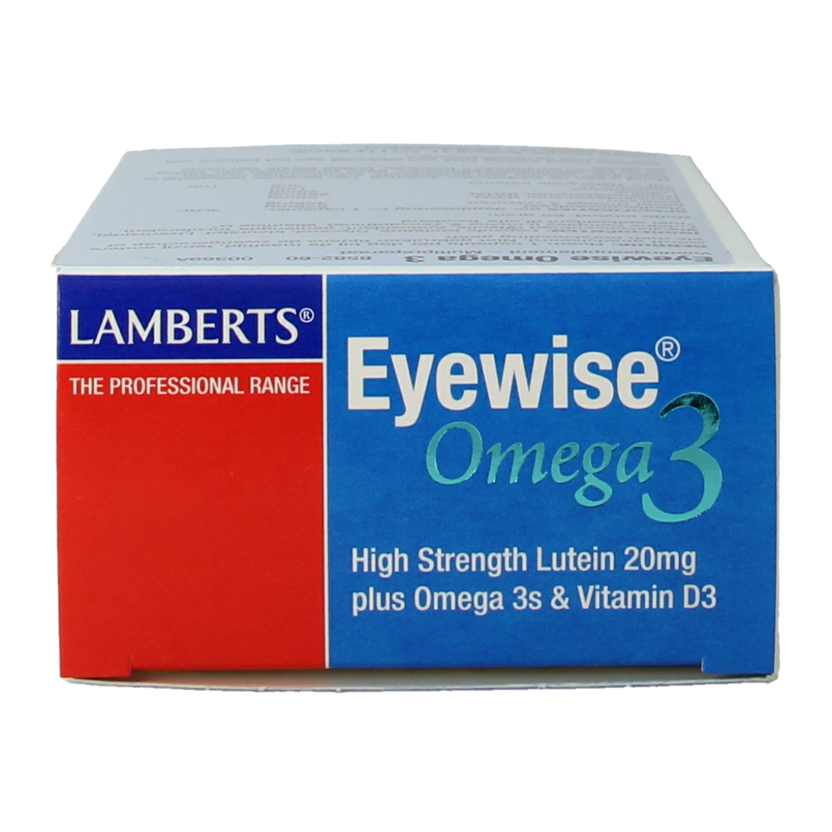 Lamberts Eyewise capsules with 20mg lutein and omega-3, showing the supplement bottle with capsules inside.