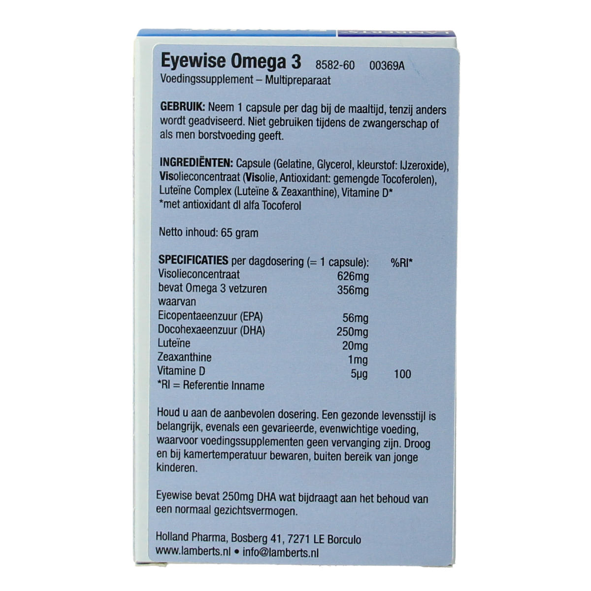 Lamberts Eyewise capsules with 20mg lutein and omega-3, showing a bottle of dietary supplements with capsules inside.