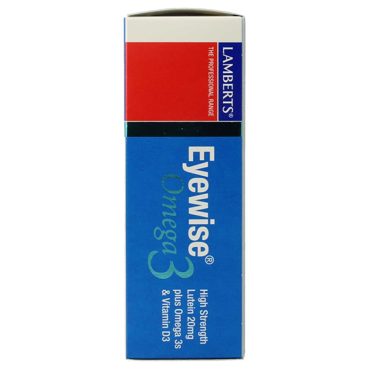 Lamberts Eyewise capsules with 20mg lutein and omega-3 for eye health, shown in a bottle with capsules inside.