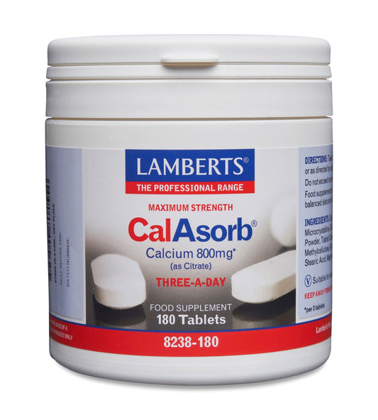 Lamberts CalAsorb calcium citrate and vitamin D3 tablets, mineral supplement in a blister pack, designed for bone health.