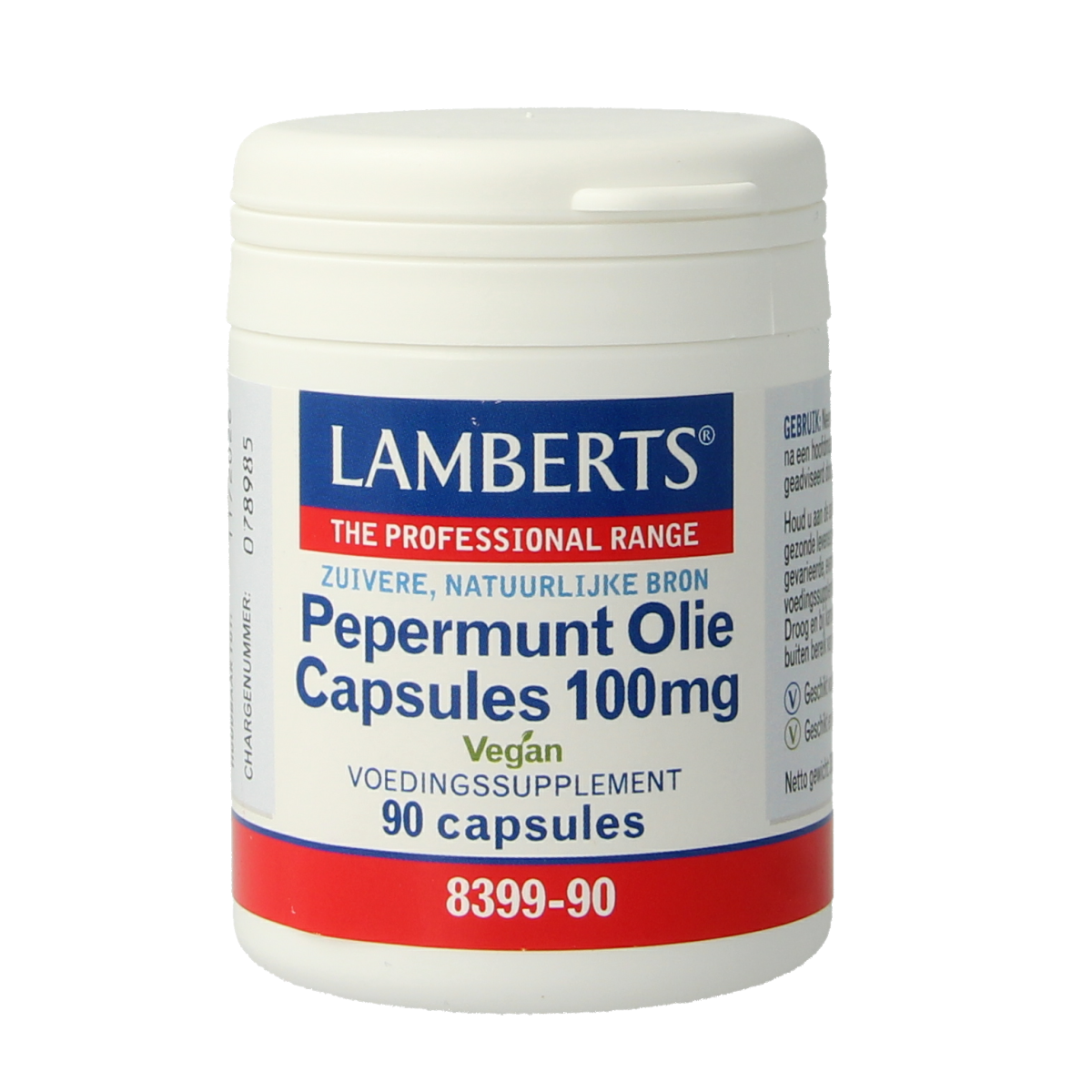 Lamberts Pepermuntolie 100mg herbal capsules, 90-count, showing the bottle with capsules inside.