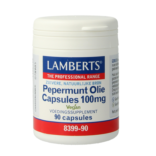 Lamberts Pepermuntolie 100mg herbal capsules, 90-count, showing the bottle with capsules inside.