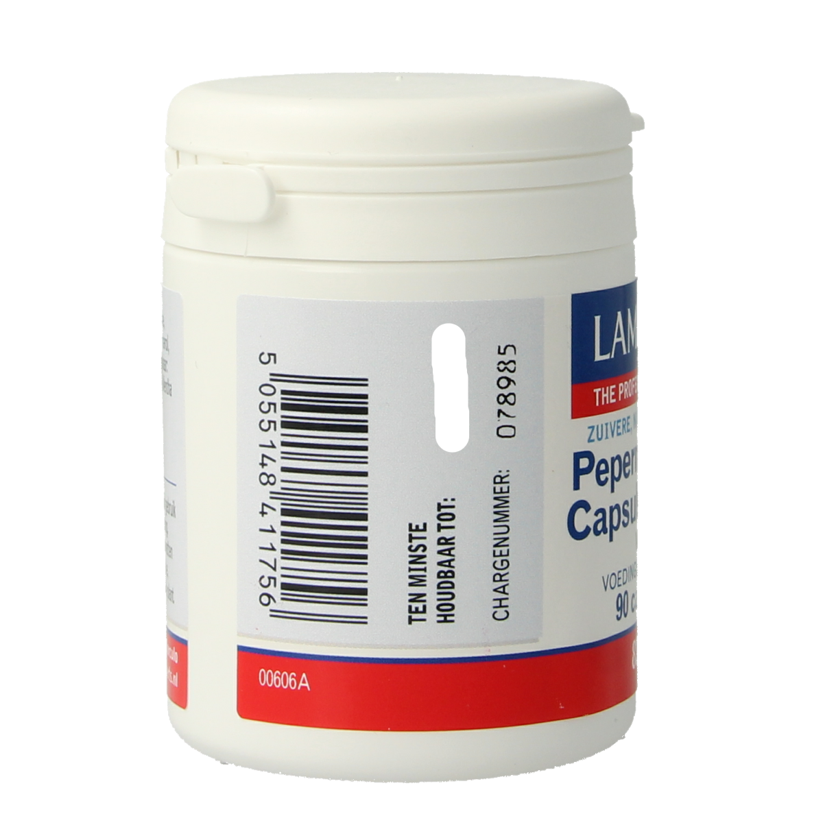 Lamberts Pepermuntolie 100mg capsules, herbal supplement in a clear bottle with a white label and blue cap.