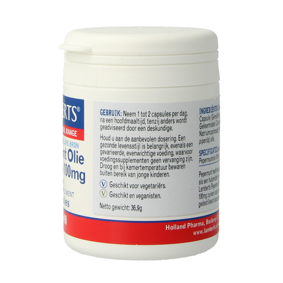 Lamberts Pepermuntolie 100mg capsules, herbal supplement in a clear bottle with a white label and green accents.