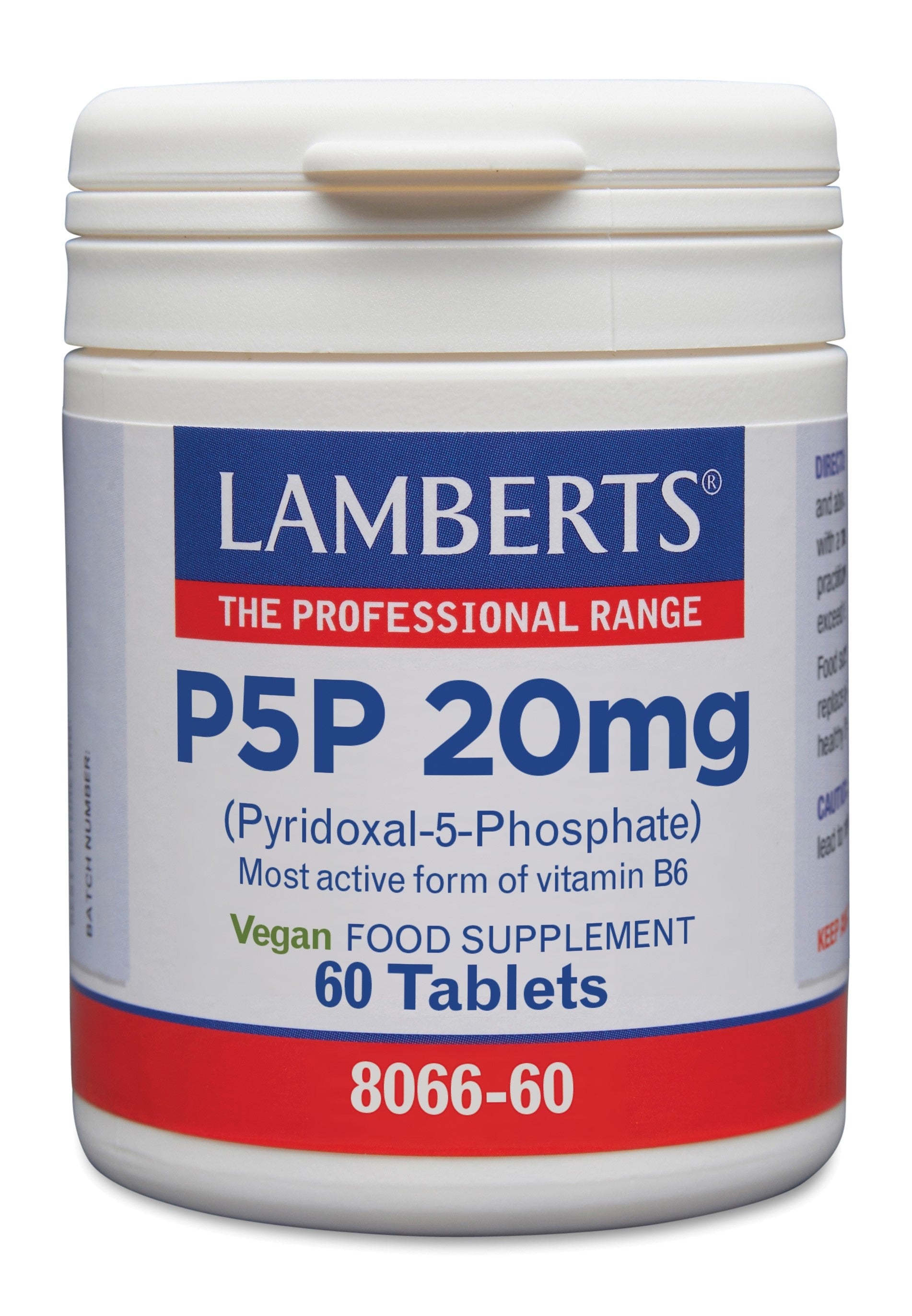 Lamberts Vitamin B6 (P5P) 20mg tablets, a natural supplement with 60 pills, shown in blister packaging.