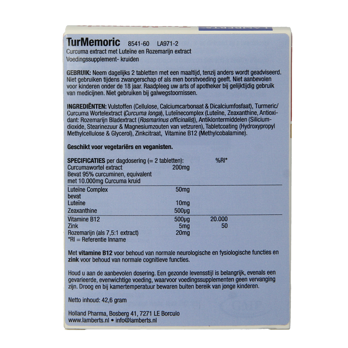 Lamberts Turmeric with curcuma, lutein, and rosemary in a bottle of 60 herbal tablets, featuring a label with green and yellow accents.