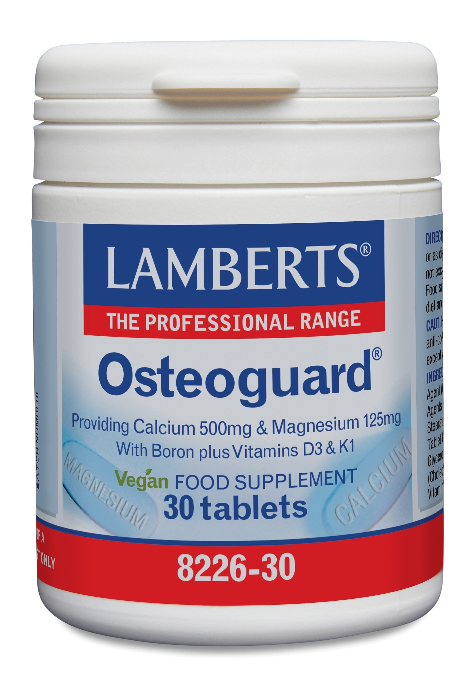 Lamberts Osteoguard mineral supplement with 30 tablets, showing the bottle with tablets and label detail.
