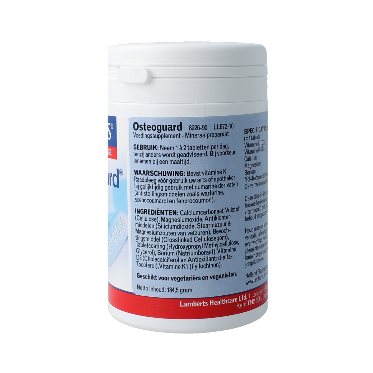 Lamberts Osteoguard mineral supplement bottle with 90 tablets, featuring colorful label and sealing cap.