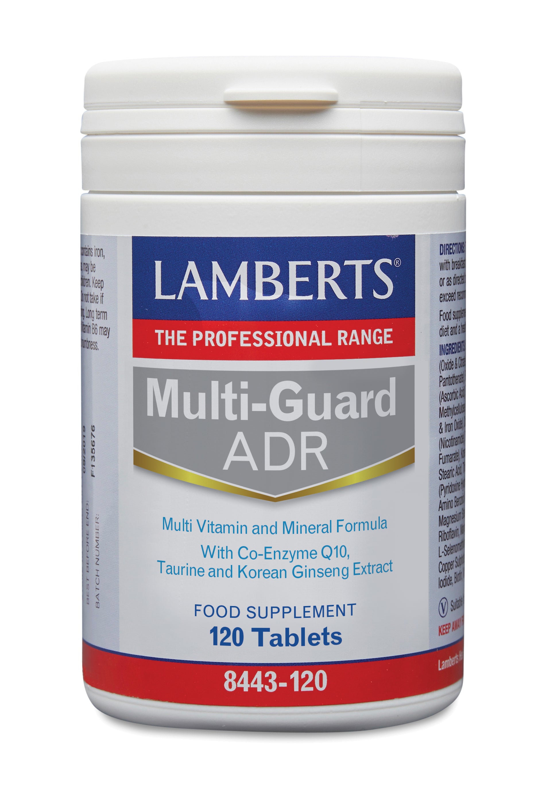 Lamberts Multi-Guard ADR multivitamin tablets in a bottle, showing the supplement packaging and tablets inside.