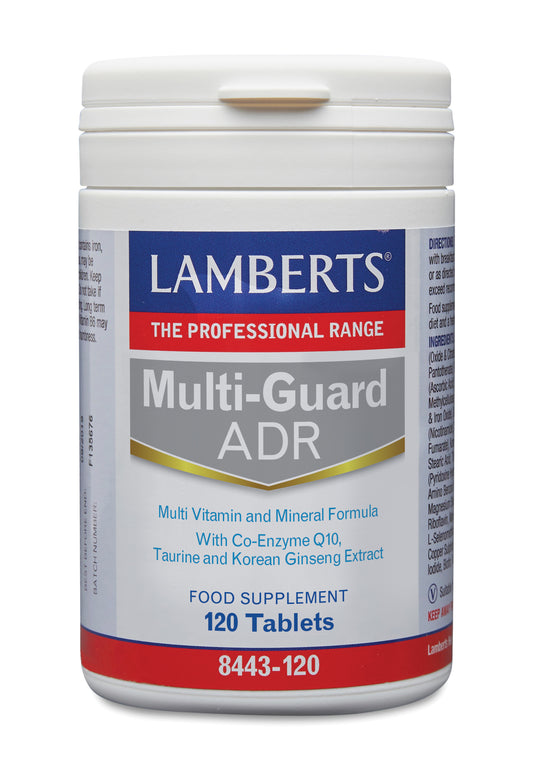 Lamberts Multi-Guard ADR multivitamin tablets in a bottle, showing the supplement packaging and tablets inside.