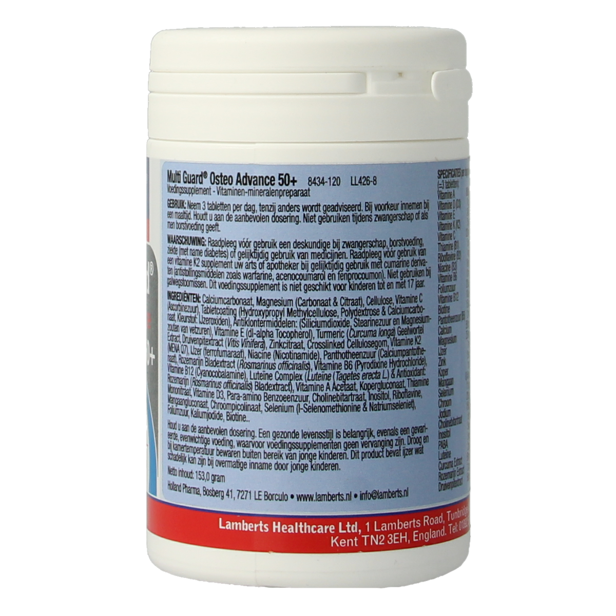 Lamberts Multi-Guard Osteo Advance 50+ multivitamin tablets, dietary supplement for bone health and overall well-being.