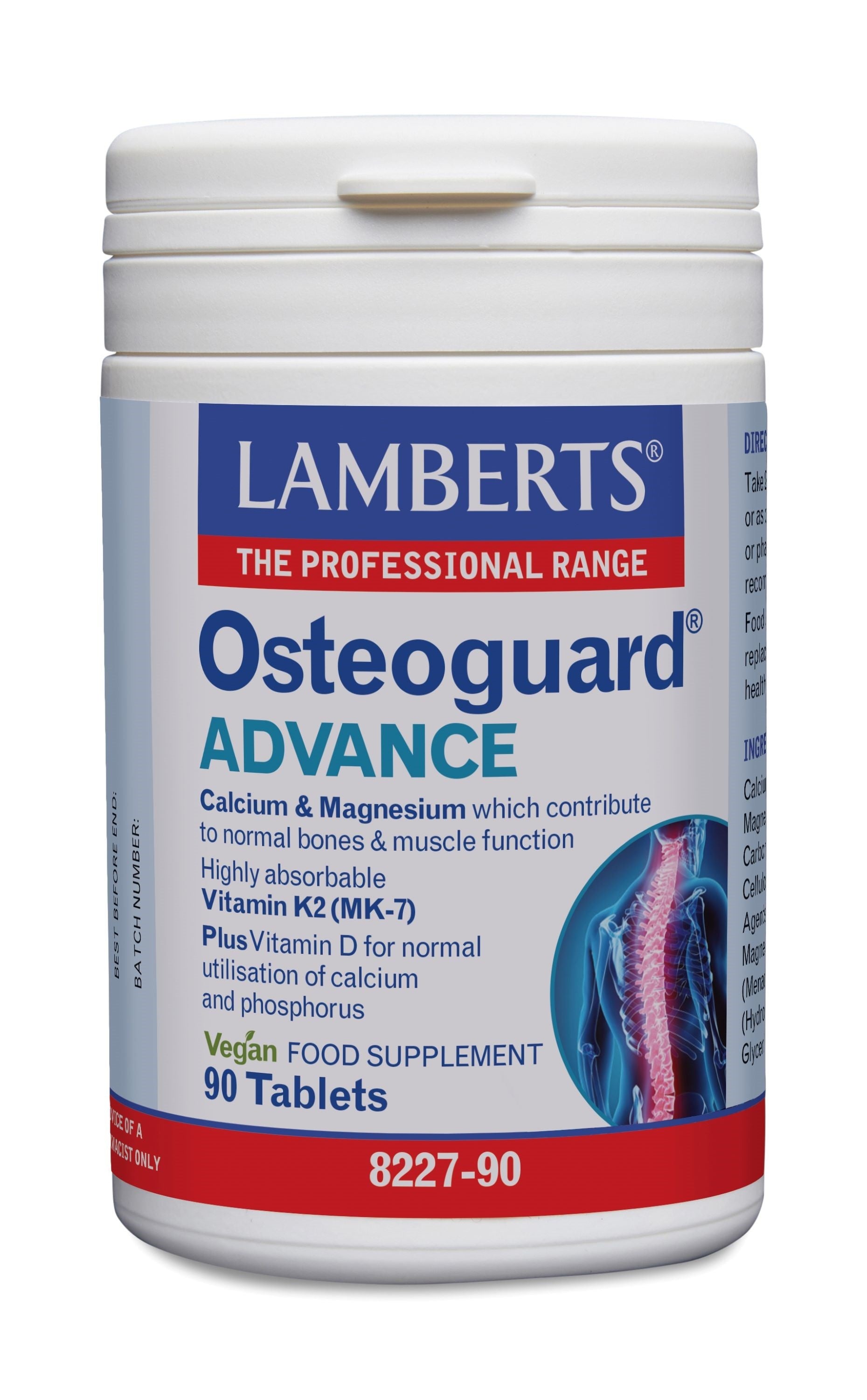 Lamberts Osteoguard Advance mineral supplement tablets, 90-count, with colorful tablets visible in blister pack.
