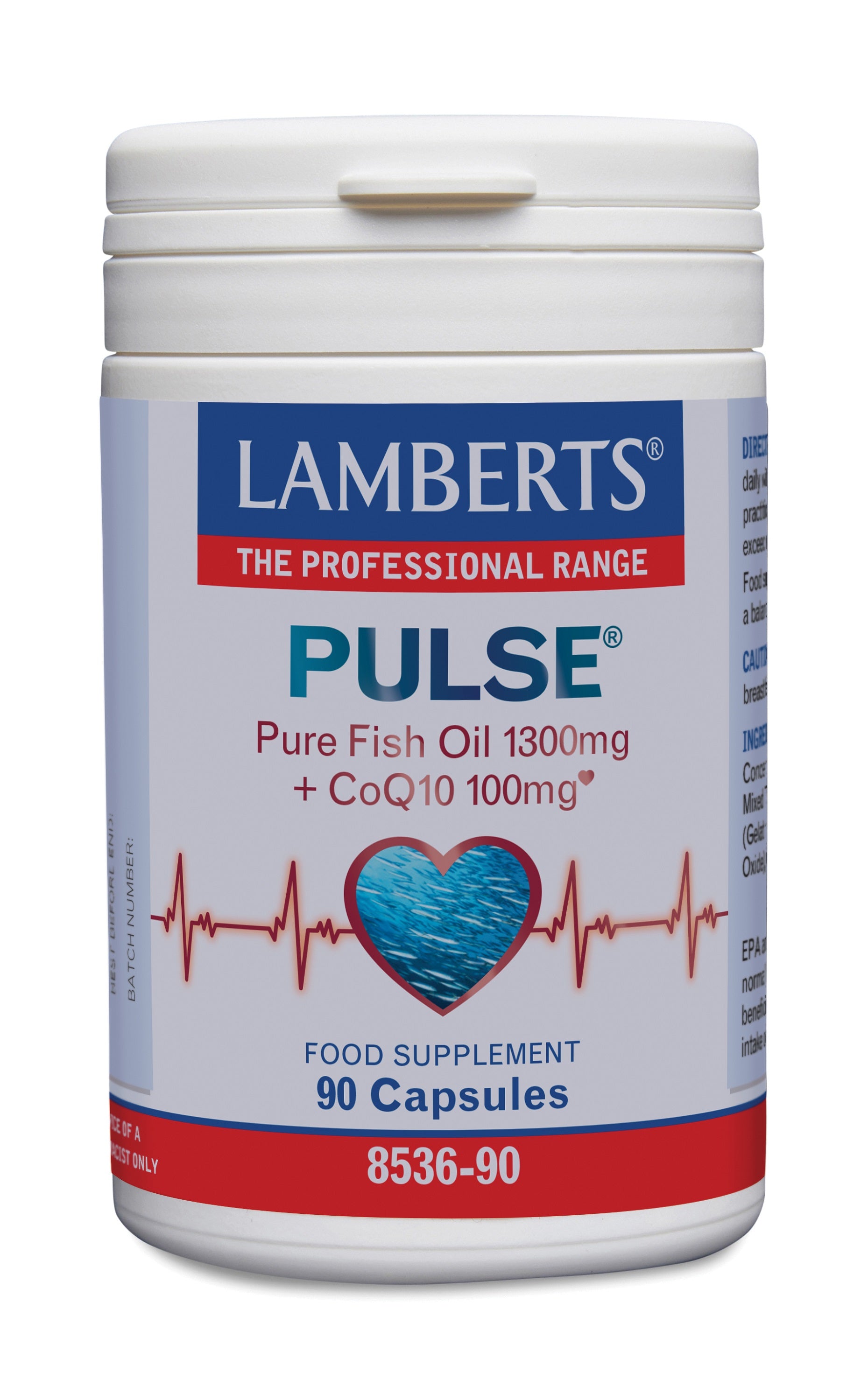 Lamberts Pulse Pure omega-3 fish oil capsules with CoQ10, 1300mg omega-3 and 100mg CoQ10, health supplement in bottle