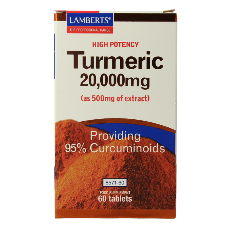 Lamberts Curcuma 20,000mg turmeric supplement in a bottle of 60 tablets with turmeric root images on the label.