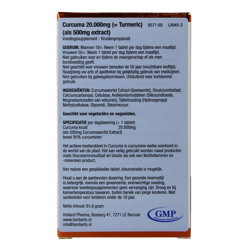 Lamberts Curcuma 20,000mg turmeric supplement in 60 tablets, showing the supplement bottle with label details.