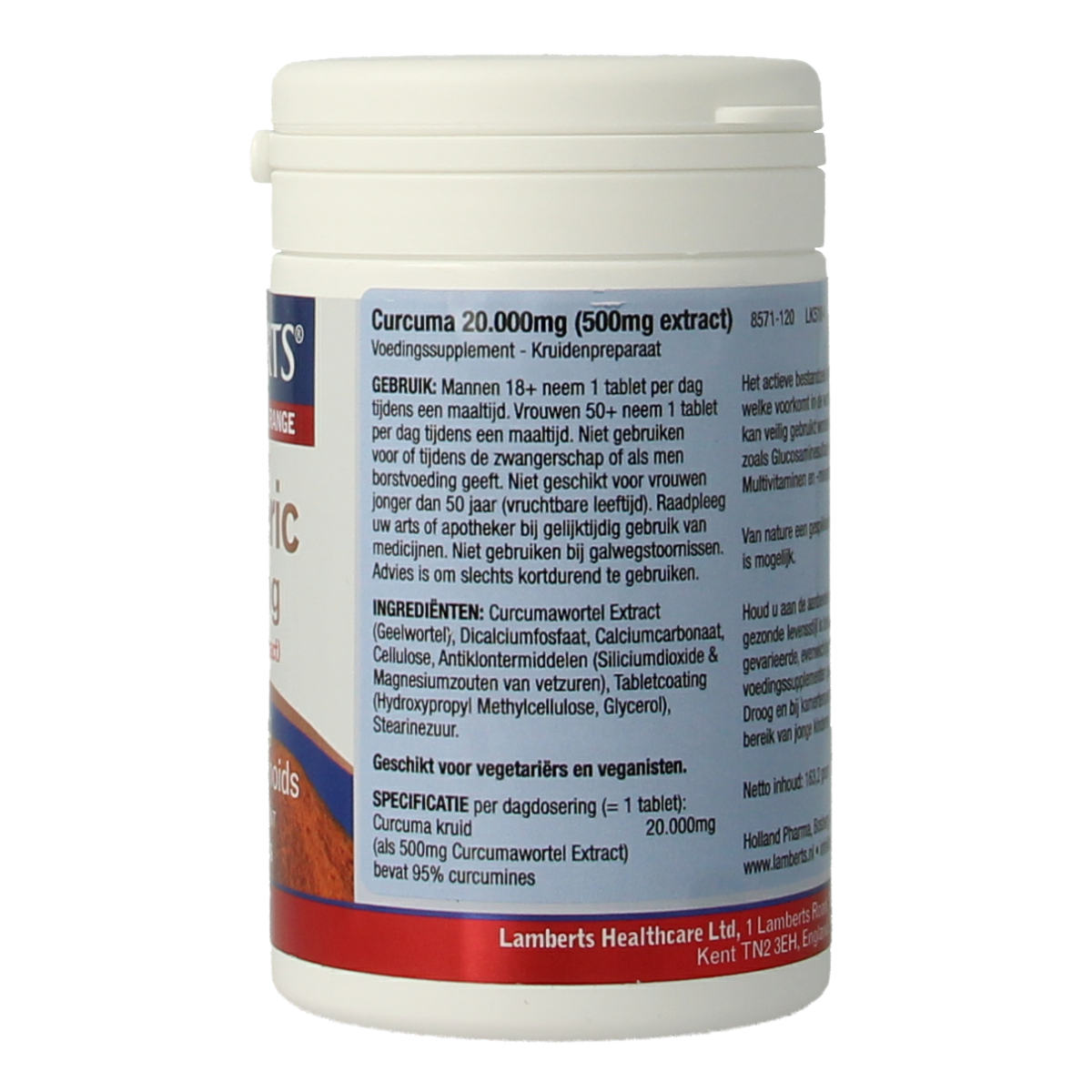 Lamberts Curcuma 20,000mg turmeric tablets, herbal supplement in bottle, featuring vibrant yellow turmeric root and supplement label