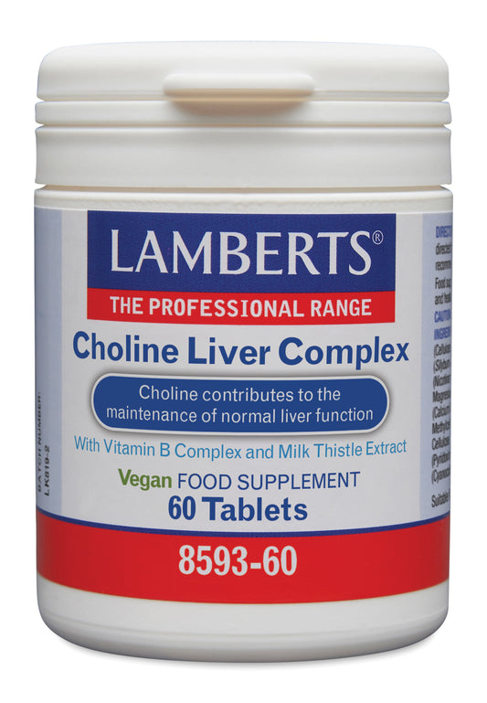 Lamberts Choline Lever Complex supplement tablets, herbal remedy, arranged in a bottle with label visible.
