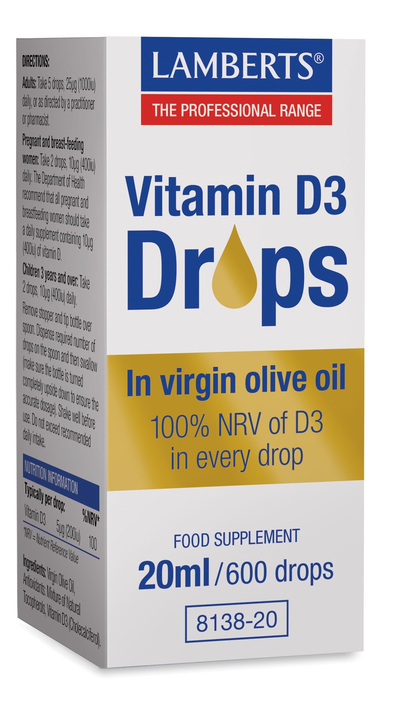Lamberts Vitamin D3 drops in a 20ml bottle, natural supplement with droplet applicator for easy daily use.