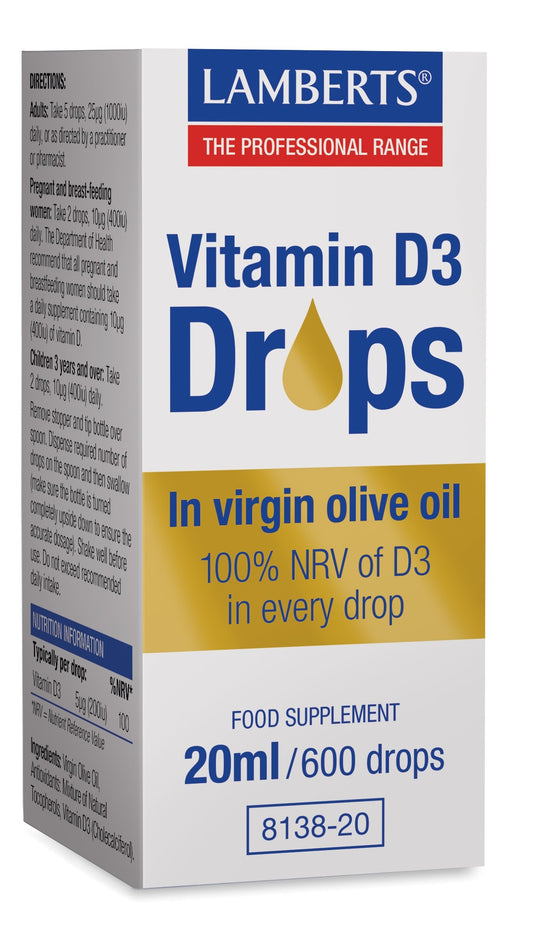 Lamberts Vitamin D3 drops in a 20ml bottle, natural supplement with droplet applicator for easy daily use.
