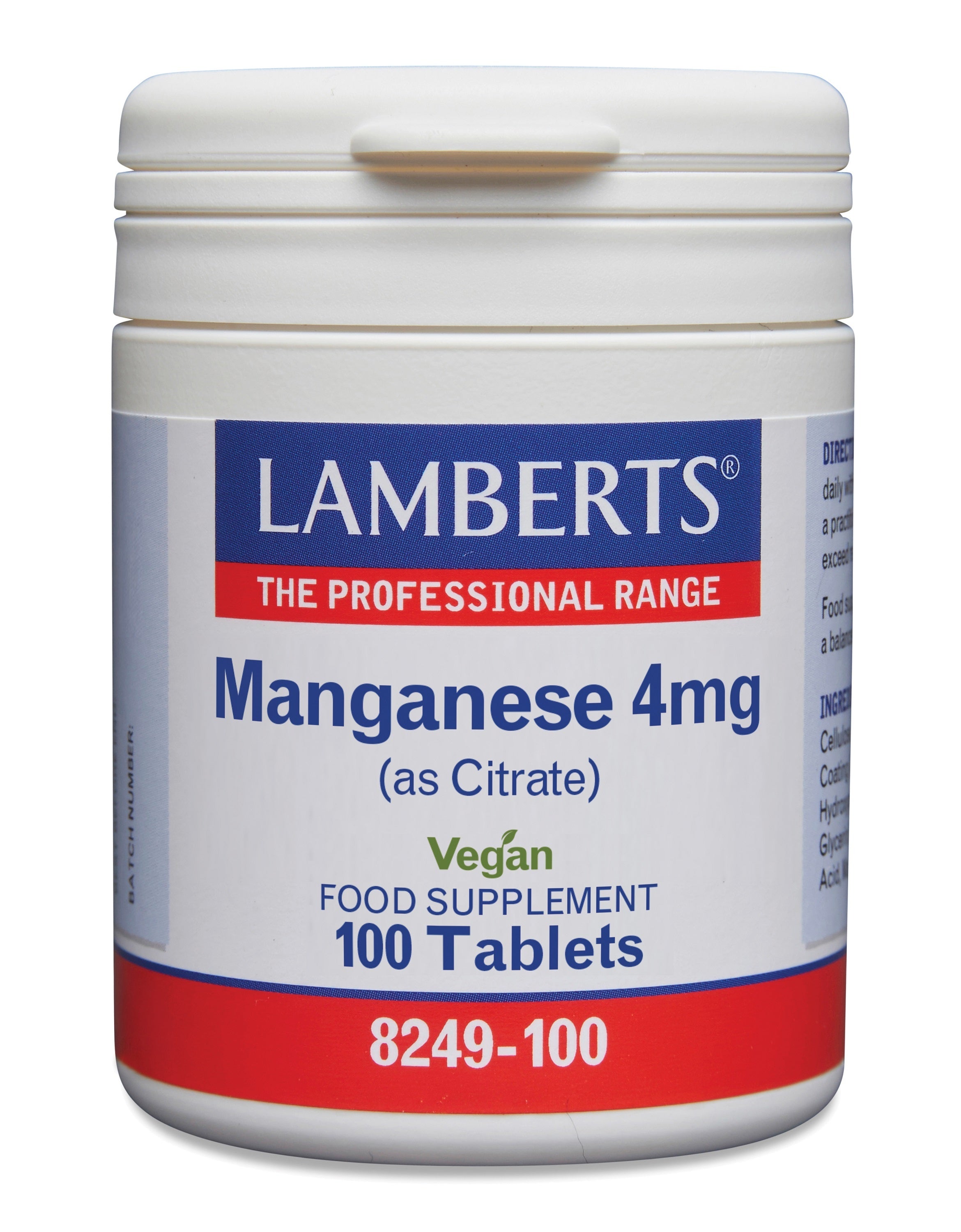 Lamberts manganese 4mg mineral supplement tablets in blister pack, dietary supplement for mineral support.