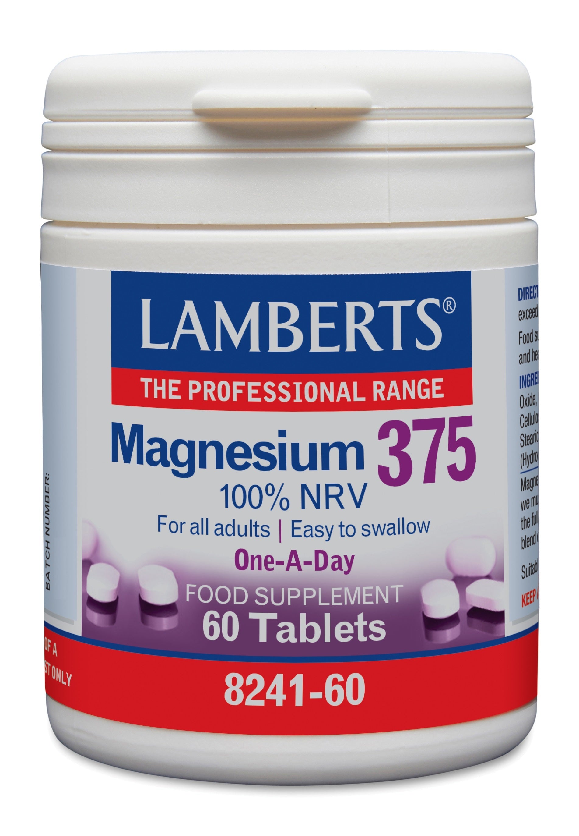 Lamberts Magnesium 375 mineral tablets, 60 count, showing the supplement bottle with tablets inside on a white background.