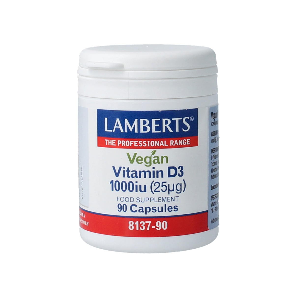 Lamberts Vitamin D3 1000IU vegan capsules, 90 count, showing the supplement bottle and capsules inside.