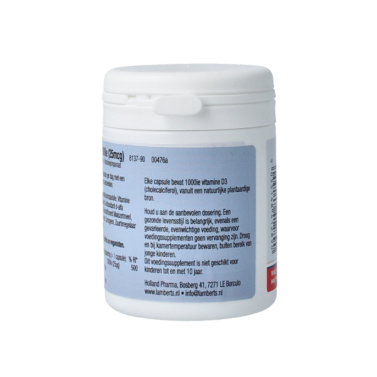 Lamberts vegan Vitamin D3 1000IU (25mcg) supplement bottle with 90 capsules, featuring the product label and capsules inside.