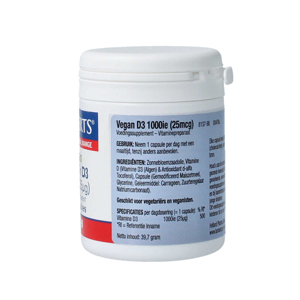 Lamberts vegan Vitamin D3 1000IU (25mcg) bottle with 90 capsules, showing the supplement capsules and label.