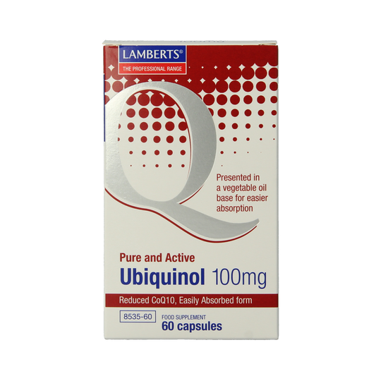 Lamberts CoQ10 100mg Ubiquinol capsules, dietary supplement bottle with 60 capsules, natural health product.