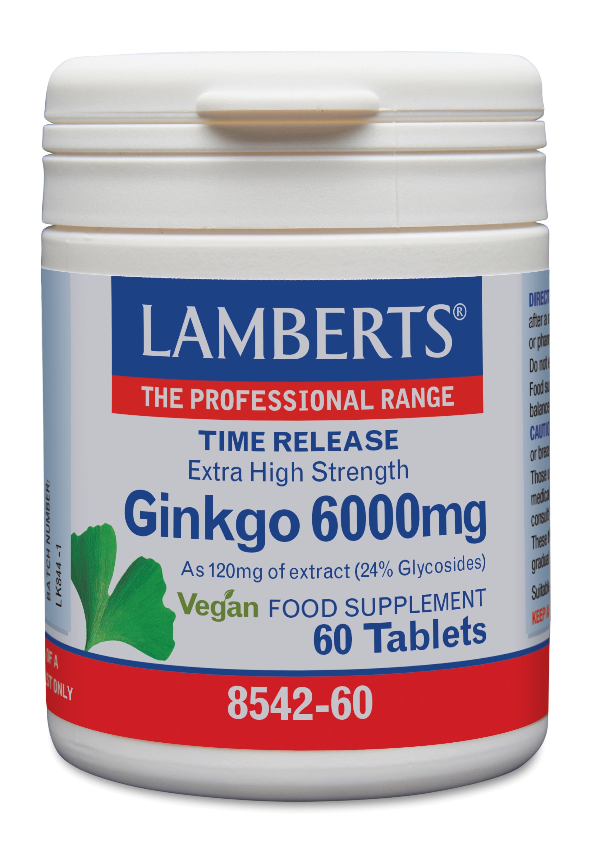 Lamberts Ginkgo 6000mg time release herbal tablets, 60-count, shown in blister pack with detailed labeling.