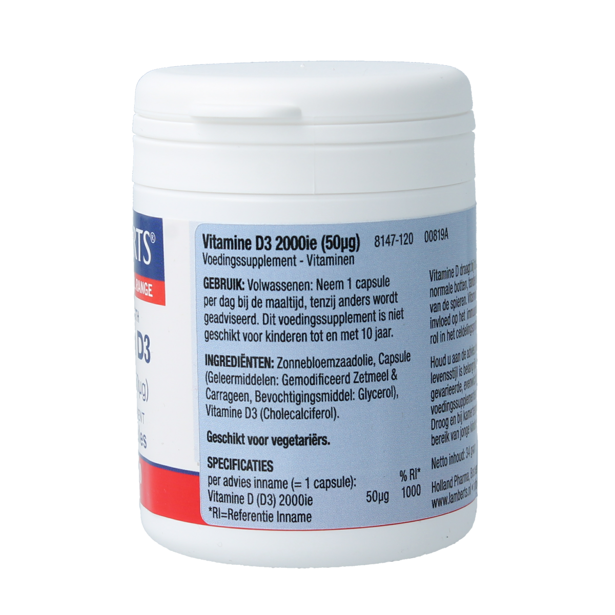 Lamberts Vitamin D3 2000IU 50mcg capsules, dietary supplement in a white bottle with capsules visible inside.
