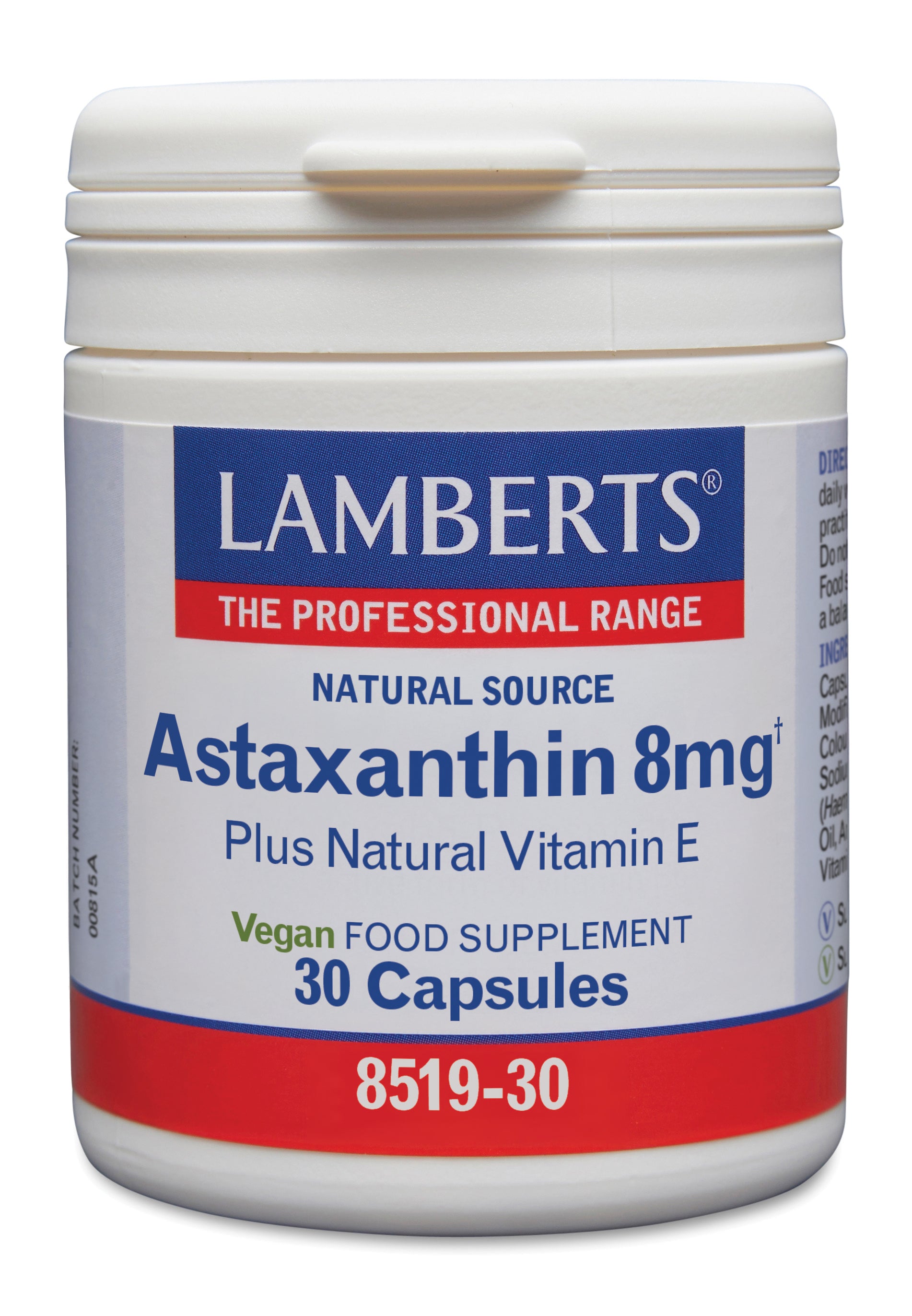 Lamberts Astaxanthine 8mg supplement in a bottle with 30 tablets, natural herbal health product from Lamberts brand