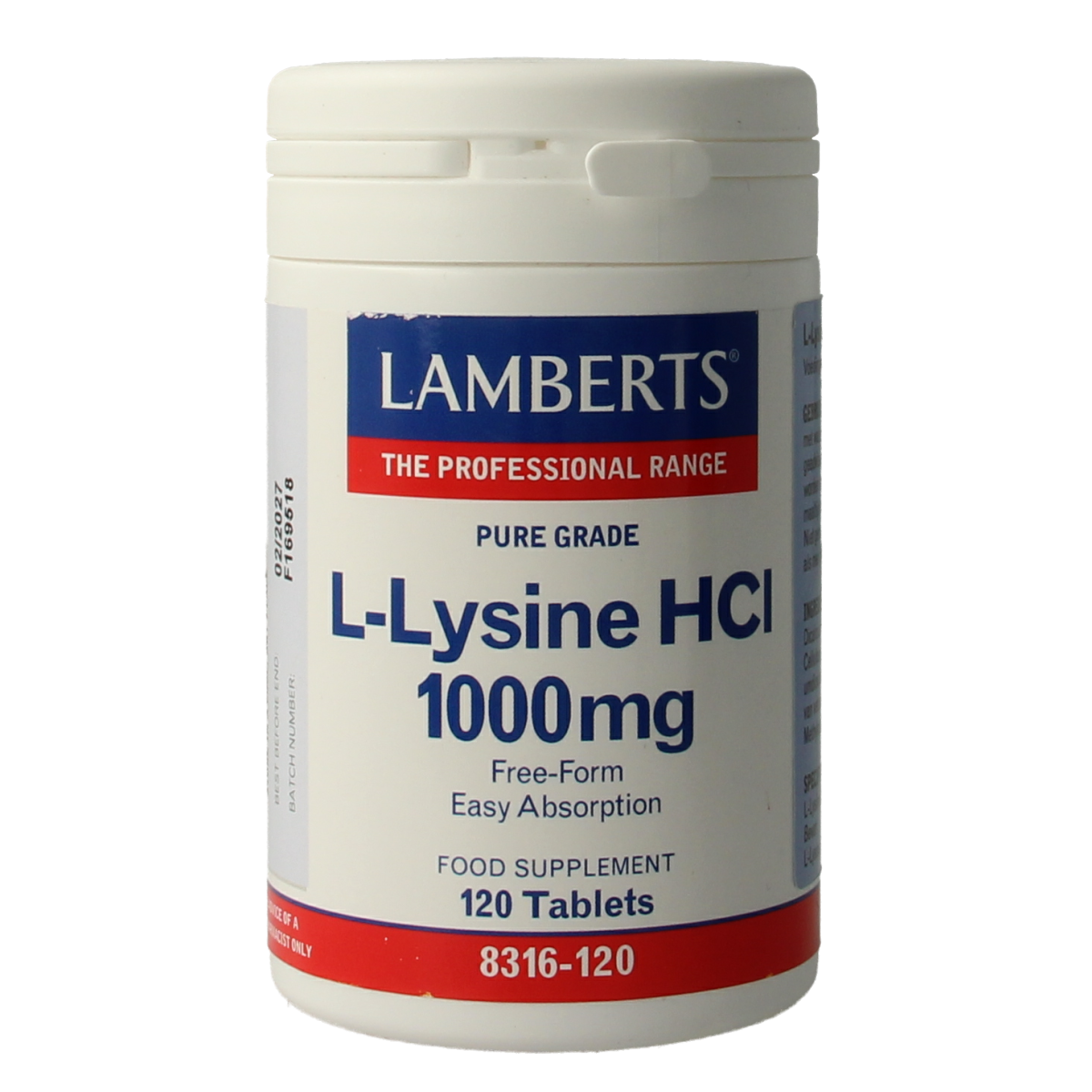 Lamberts L-Lysine 1000mg amino acid tablets, 120-count, showing the supplement bottle with tablets inside.