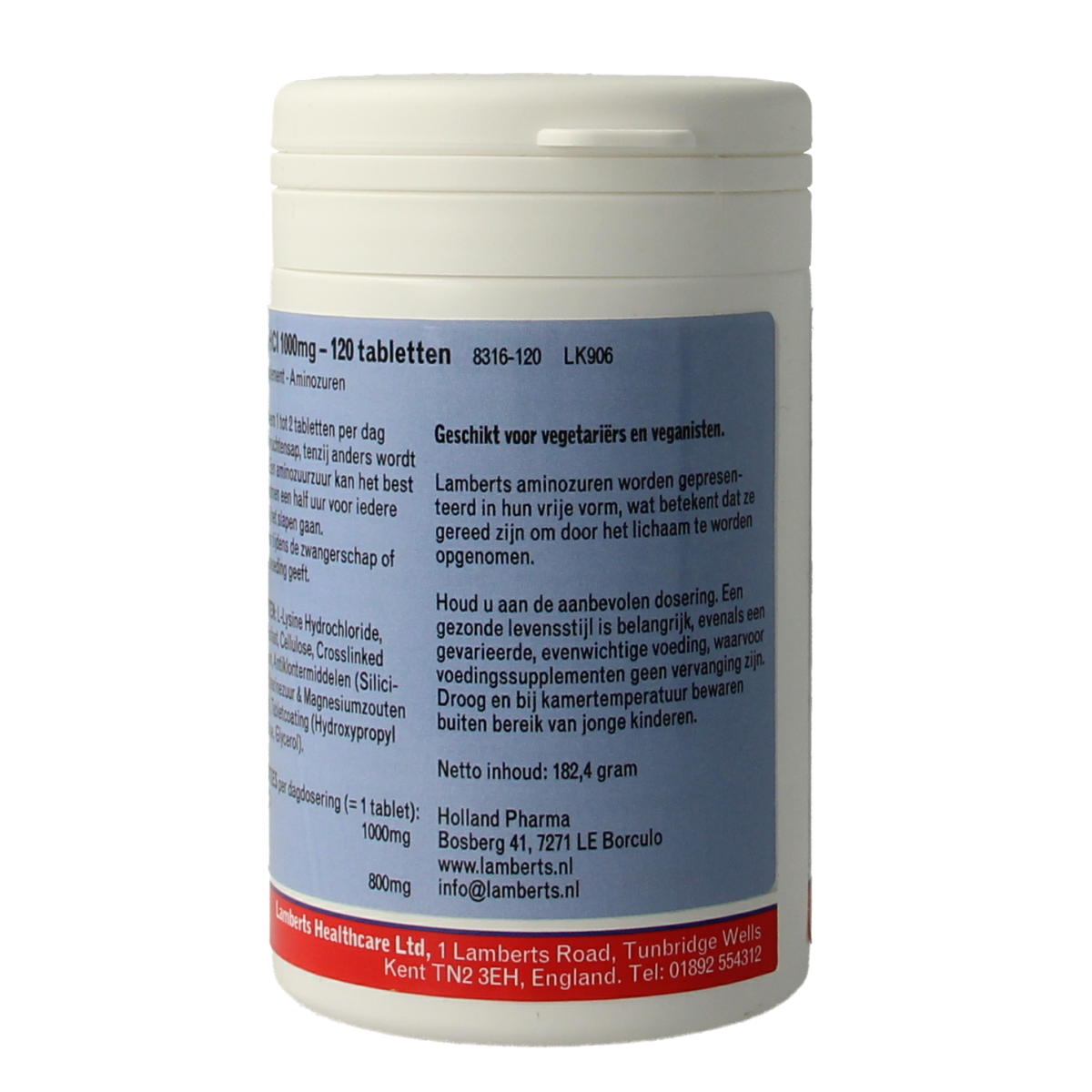 Lamberts L-Lysine 1000mg amino acid supplement in a bottle with white tablets, dietary supplement for immune support.