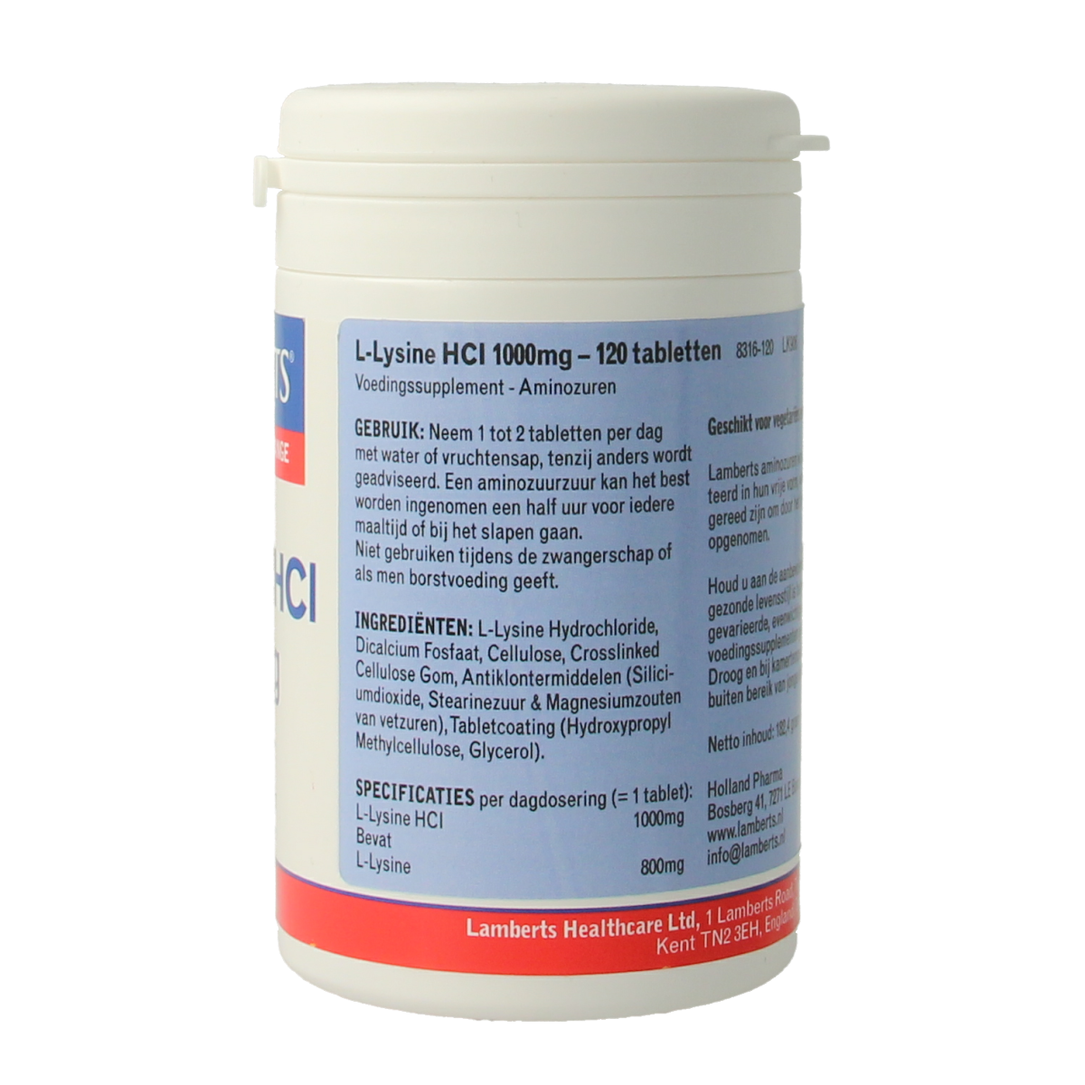 Lamberts L-Lysine 1000mg amino acid tablets, 120 count, showing the supplement bottle and label.