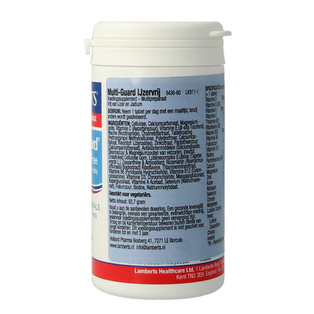 Lamberts Multi-Guard iron-free multivitamin tablets, 60 count, showing the supplement bottle and tablets inside.