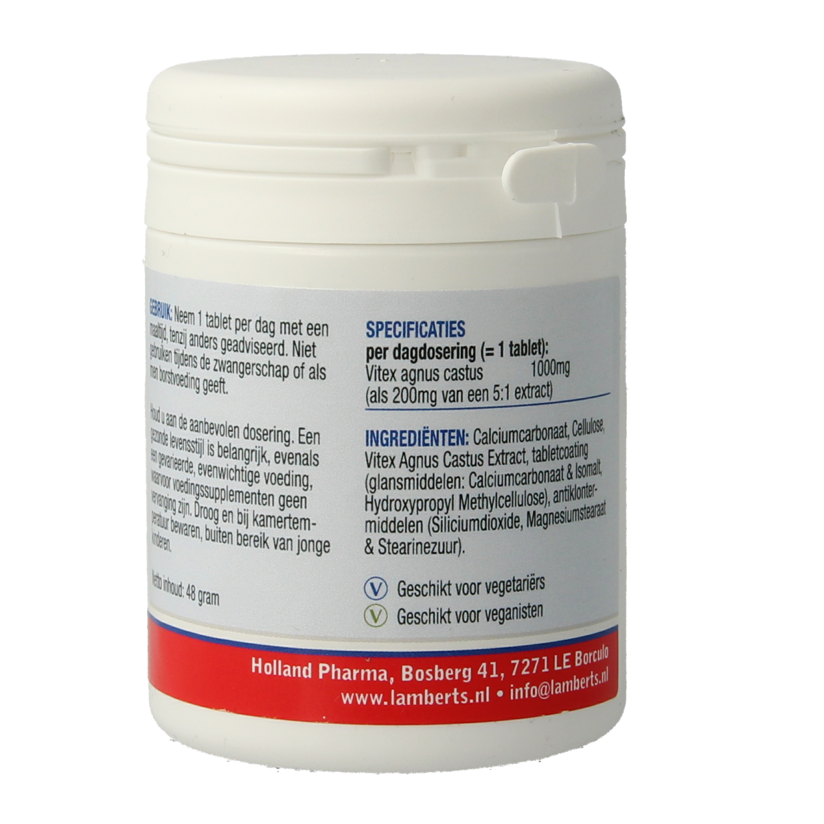 Lamberts Vitex agnus castus herbal tablets in a bottle, natural supplement for hormonal support, with label showing product details.