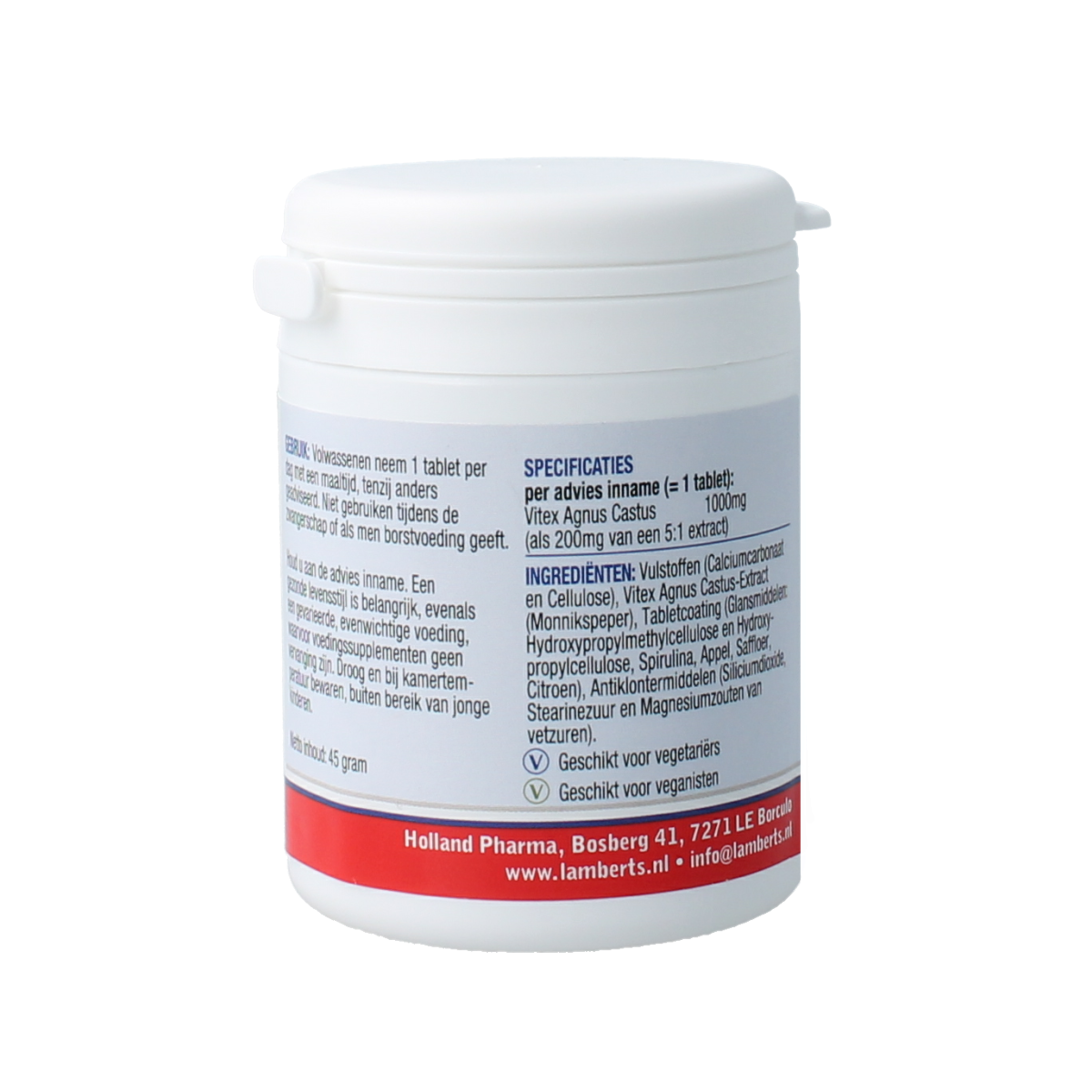 Lamberts Vitex Agnus Castus herbal tablets, natural supplement in a bottle, part of Lamberts kruidpreparaten product line.