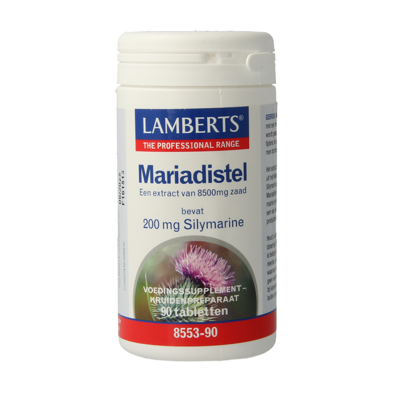 Lamberts Mariadistel 200mg silymarin herbal supplement in a box of 90 tablets, featuring a green and white packaging design.